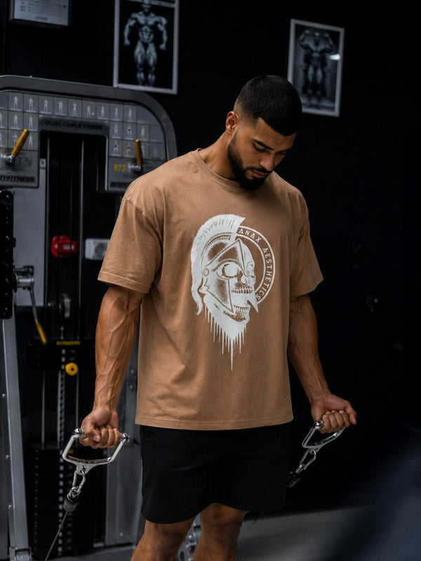 Spartan Skull Helmet Oversized Gym T-Shirt – Brown/Cream – image 1