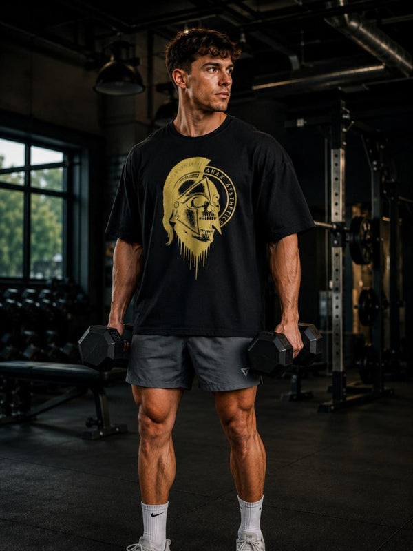 Spartan Skull Helmet Oversized Gym T-Shirt – Black/Gold – image 10